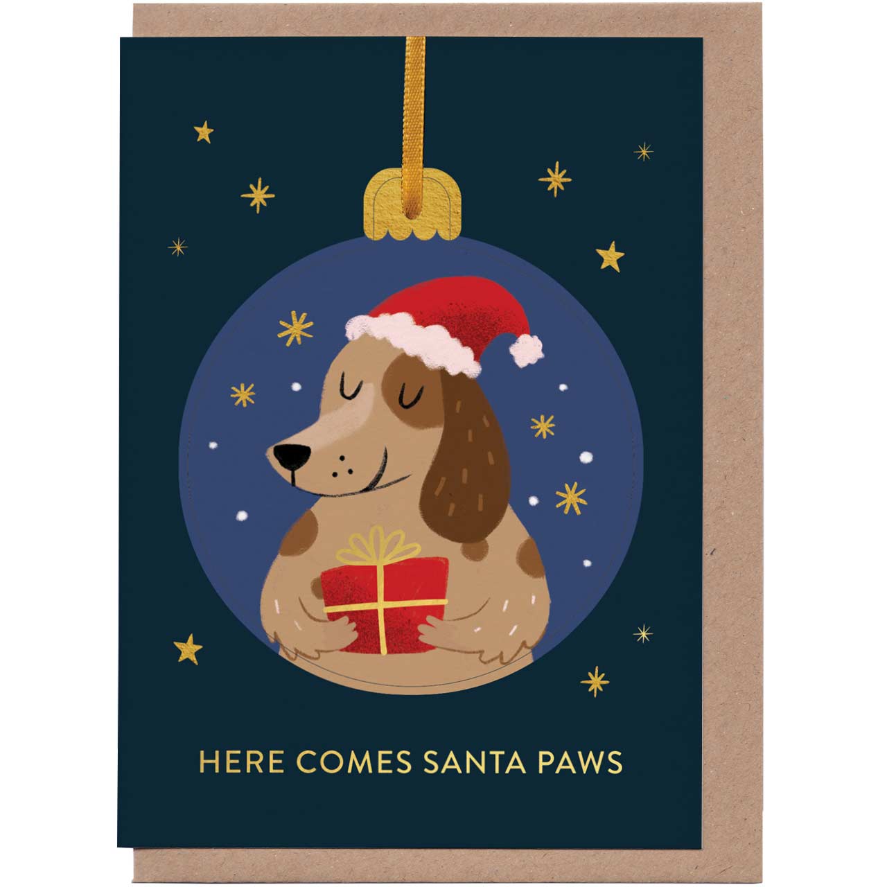 Dog Here Comes Santa Paws Gold Foil Bauble Greeting Card