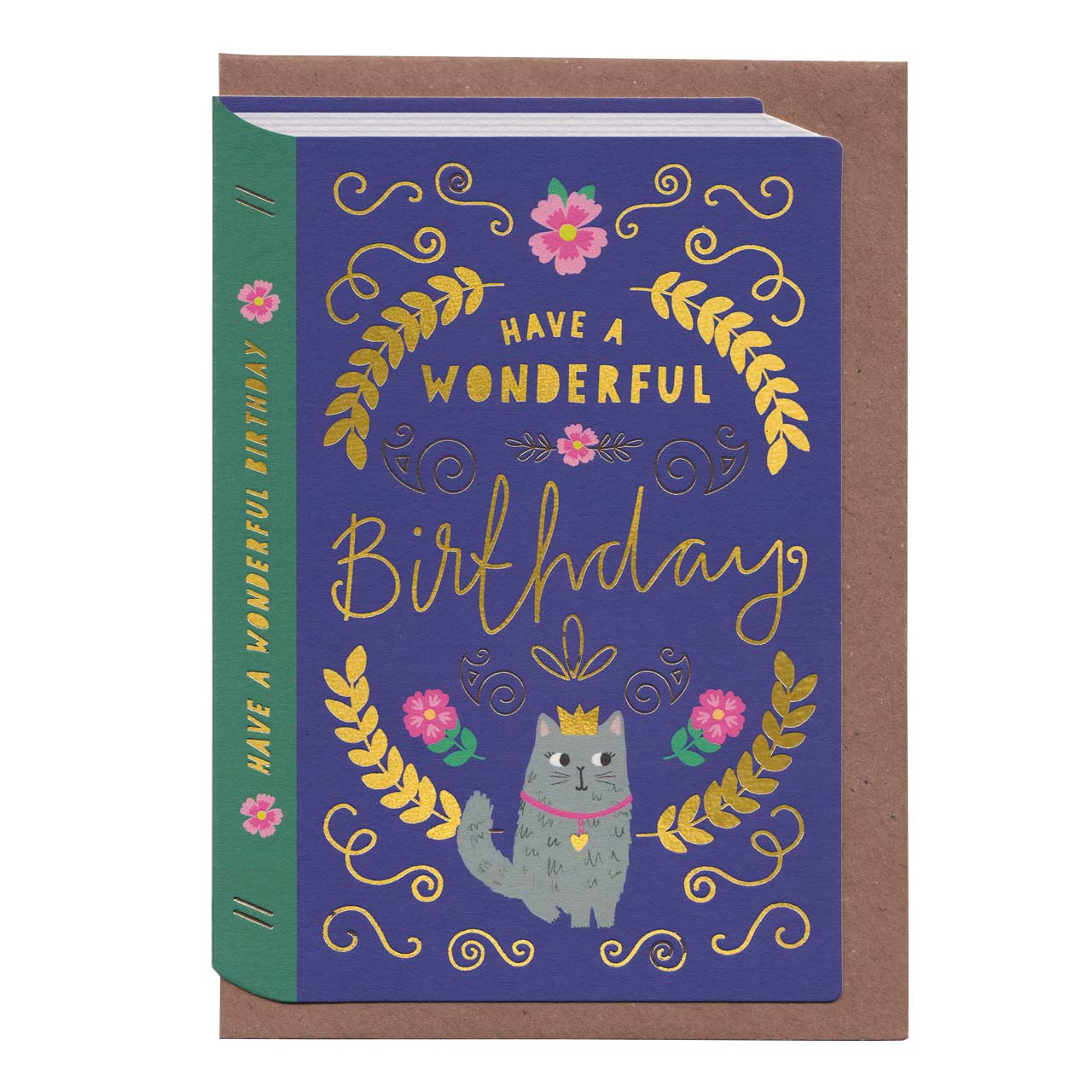 Cat Book Shaped Gold Foil Birthday Card