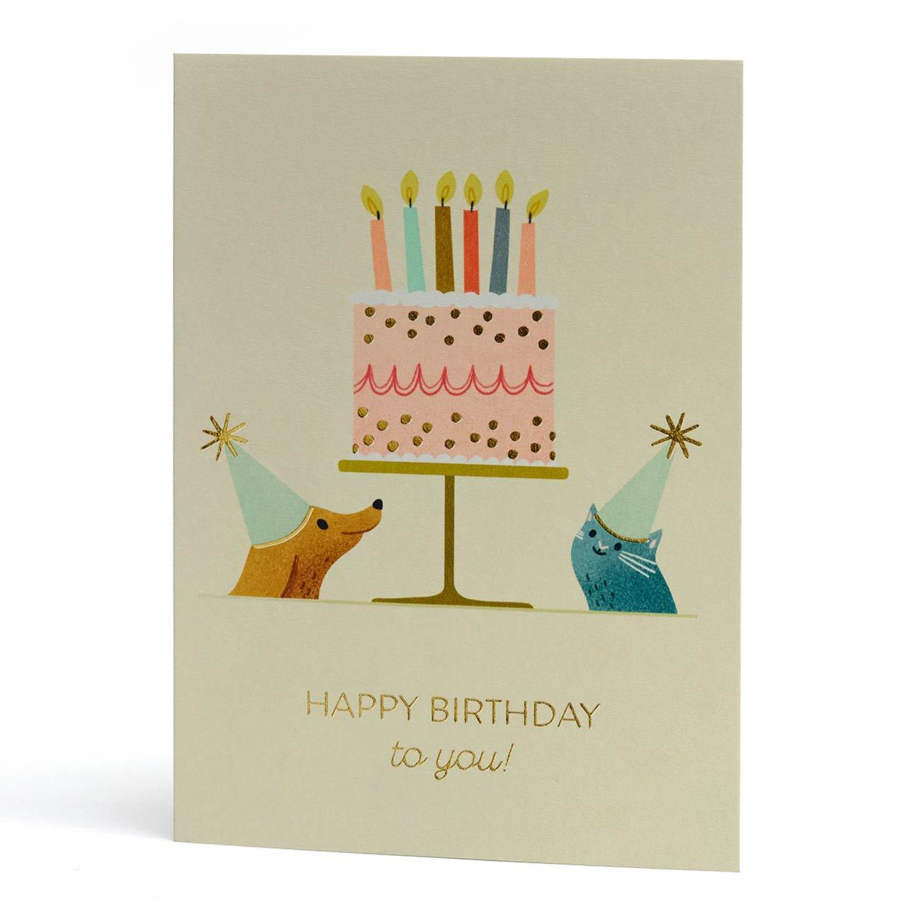 Party Dog and Cat Gold Foil Birthday Greeting Card