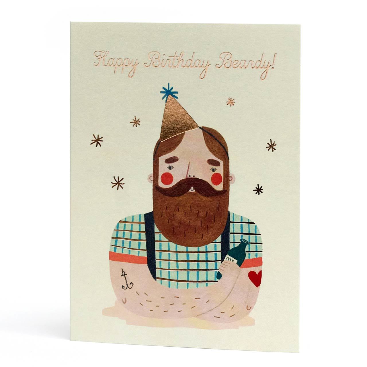 Happy Birthday Beardy Rose Gold Foil Greeting Card