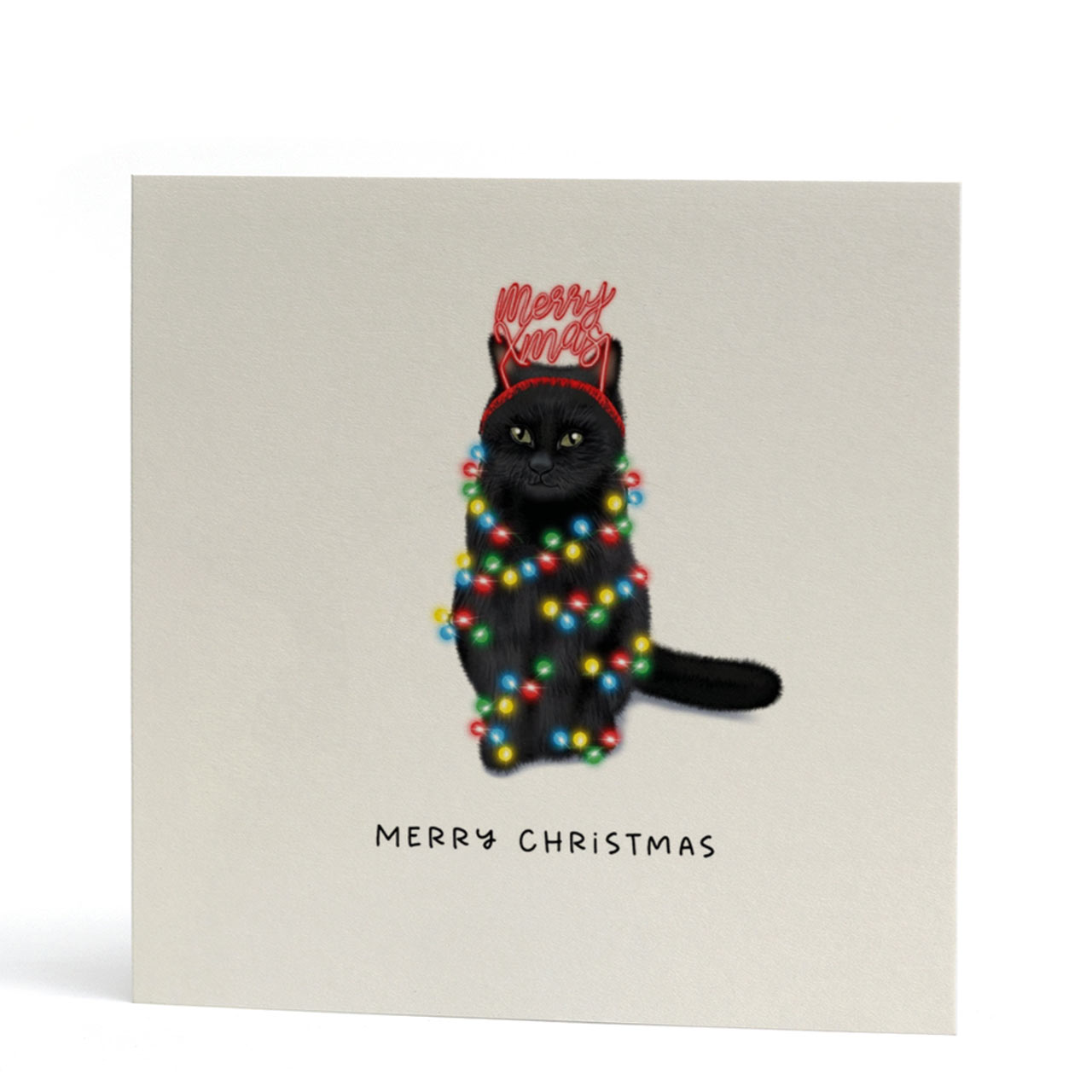 Black Cat Fairy Lights Christmas Card
