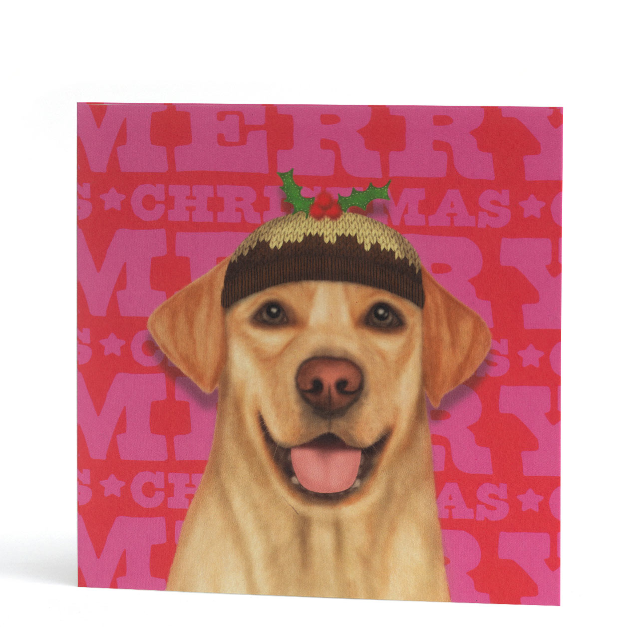 Square Labrador themed Christmas card featuring a yellow lab on a pink background - large text "Merry Christmas" repeats on the pink background in a lighter pink. The labrador is open mouthed and happy, wearing a Christmas pudding hat. Hand illustrated by Amy Sinclair of Badgerbee Design.