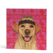 Square Labrador themed Christmas card featuring a yellow lab on a pink background - large text "Merry Christmas" repeats on the pink background in a lighter pink. The labrador is open mouthed and happy, wearing a Christmas pudding hat. Hand illustrated by Amy Sinclair of Badgerbee Design.