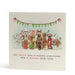 Super cute square Christmas card featuring a dog choir, various breeds face the camera, like Dalmatian, Labrador, German Shepherd, Dachshund, Boxer etc, they are all open mouthed singing "We woof you a Merry Christmas and a waggy new year"