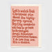 A6 Christmas card with a light pink front and a cream envelope behind it, featuring a humorous quote about a Christmas film in red, hand-drawn blocky lettering.