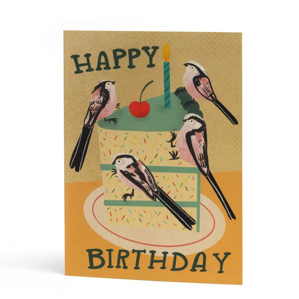 Cute bird and cake themed birthday card - illustrated by Fernandes Makes