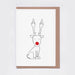 A white greeting card featuring a minimalist black line drawing of a reindeer with a bright red nose and pixellated antlers, shown with a brown kraft envelope behind it on a light grey background.
