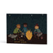 An A6 greeting card featuring an illustration of three cute figures sitting around a roaring campfire, stars twinkling in the night sky, with the text 'HAVE A BRILLIANT BIRTHDAY' at the bottom. 