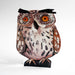 Die-cut card featuring a hand-painted Little Owl with large orange eyes, brown and white textured feathers, and black eyebrows and beak, standing on a black base against a light grey background.