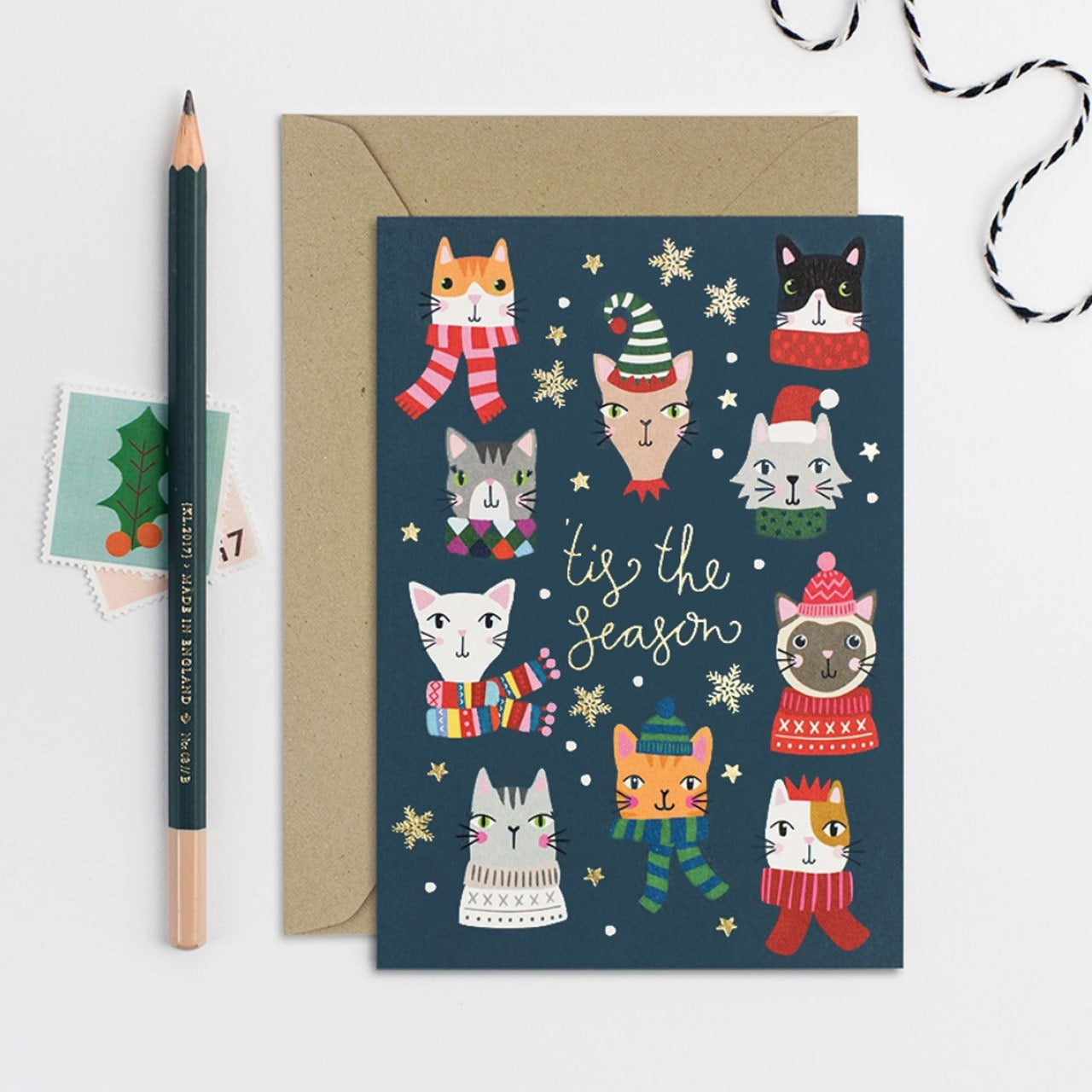 Tis The Season Gold Foil Cats Christmas Card