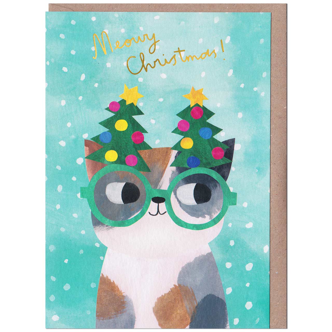 Meowy Christmas Cat Specs Gold Foil Christmas Card