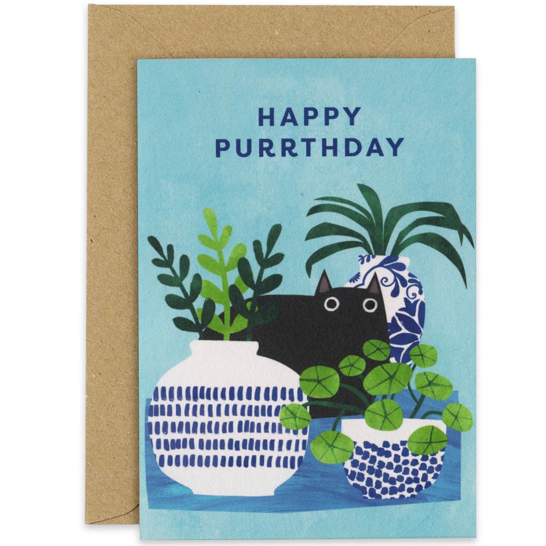 Happy Purrthday Black Cat and Plants Card