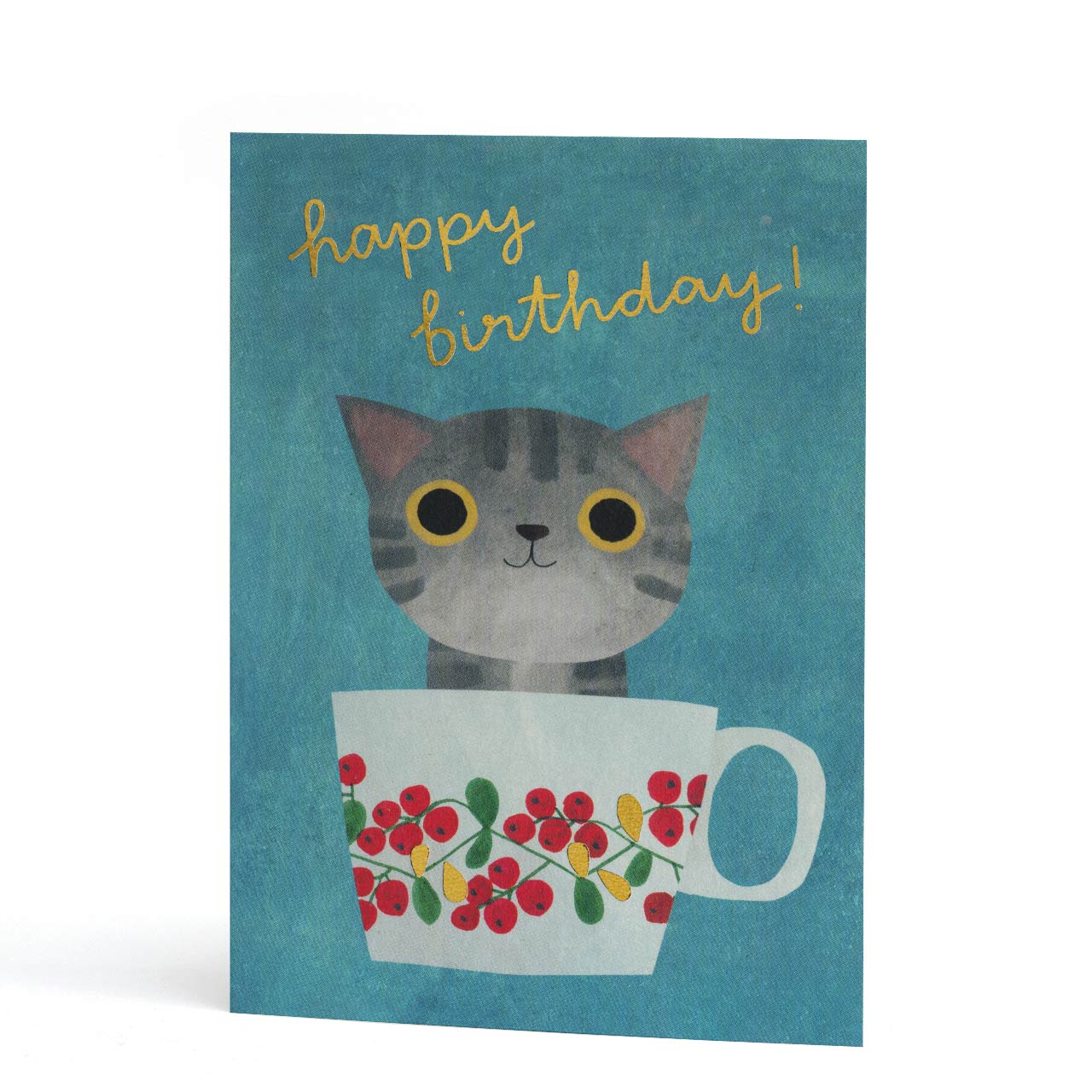 Happy Birthday Teacup Kitten Gold Foil Greeting Card