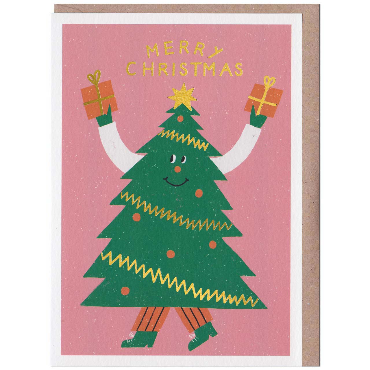 Merry Christmas Happy Tree Gold Foil Card