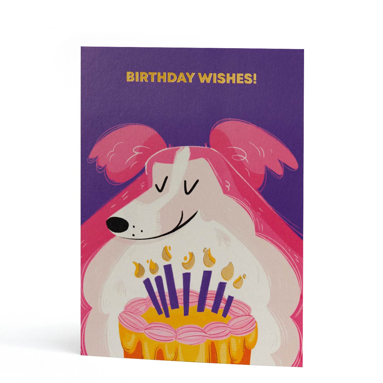 Collie and Cake Birthday Wishes Gold Foil Card