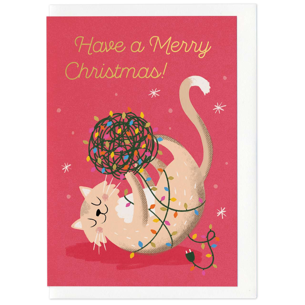 Fairy Lights Cat Gold Foil Christmas Card
