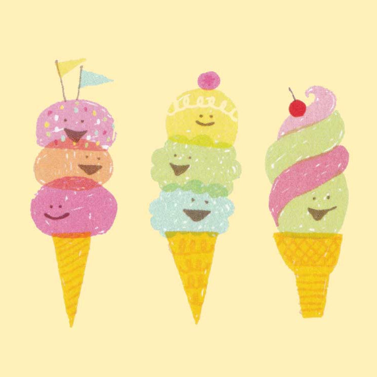 Three ice creams with happy faces look on excitedly unaware they're about to be eated!