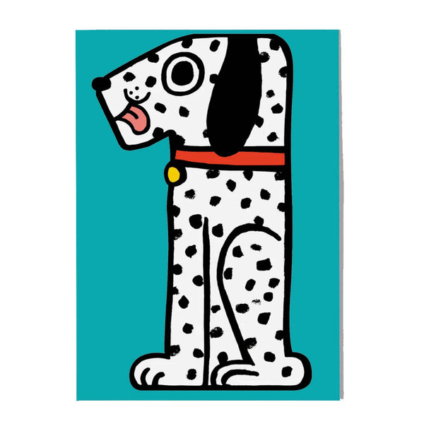 A stylized cut out Dalmatian dog card in the shape of a number 1. It sits, with its tongue out and a happy expression, on a turquoise envelope.