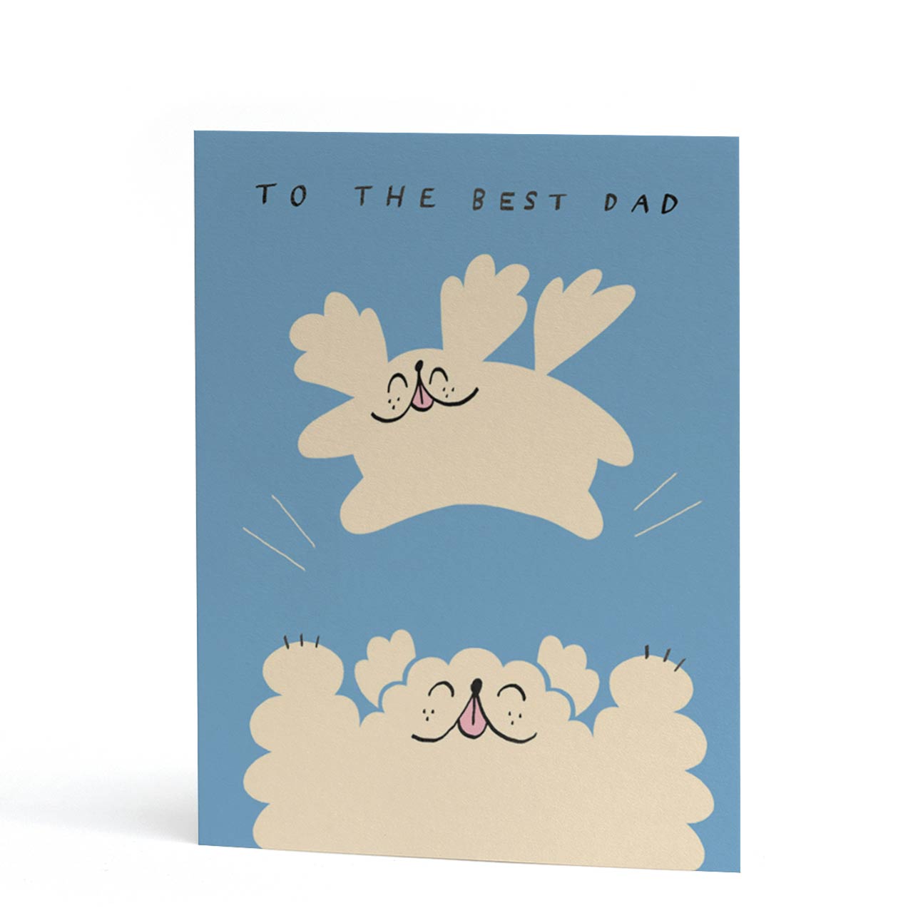 An A6 card for dad featuring two dogs on a blue background - the daddy dog is throwing the baby dog up in the air. Text on the card reads "to hte best dad"