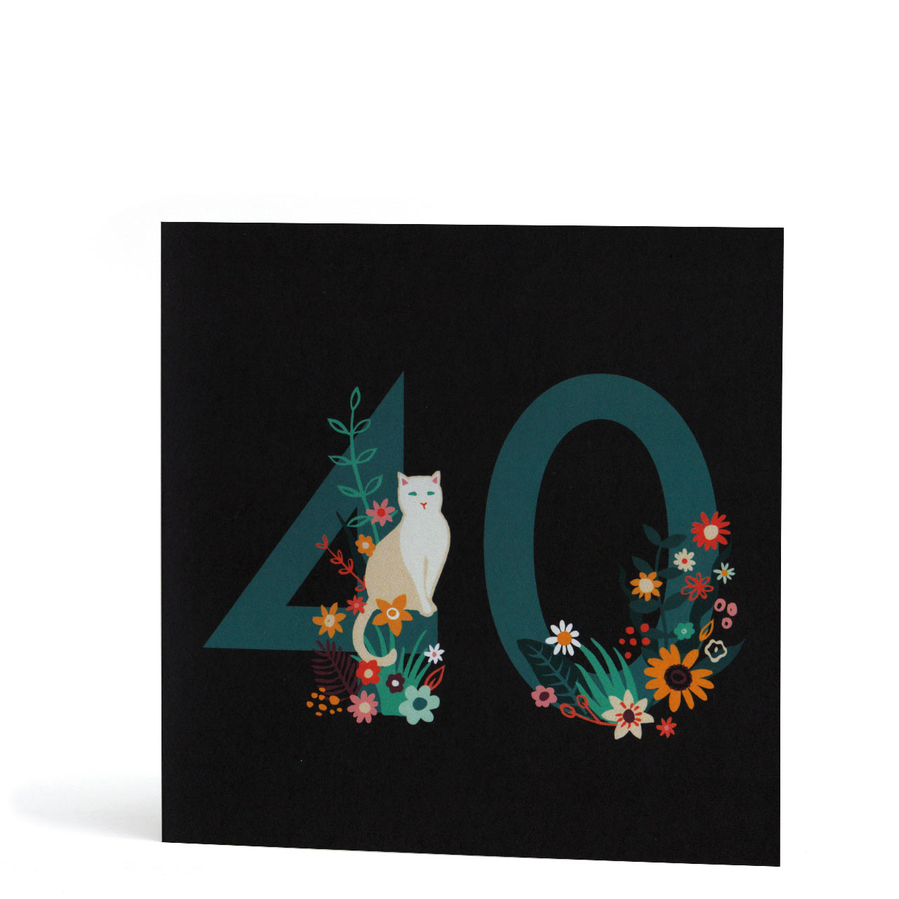 40th Birthday Cat and Flowers Greeting Card
