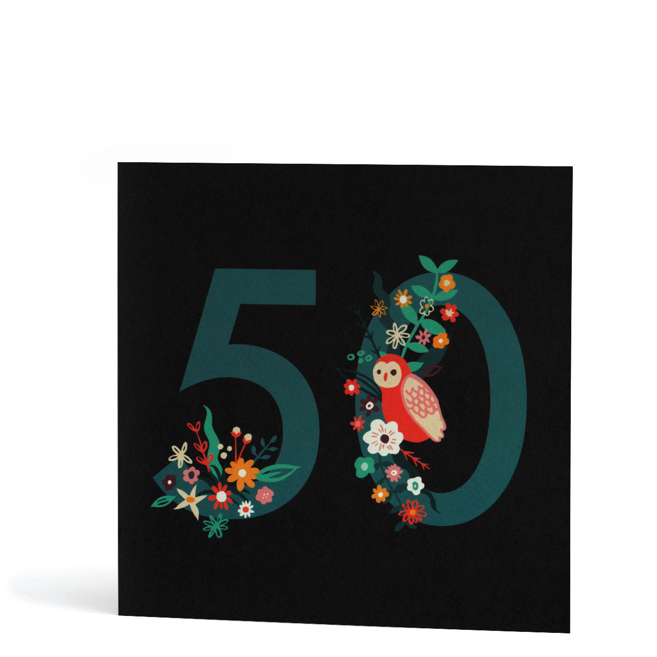 50th Birthday Owl and Flowers Greeting Card