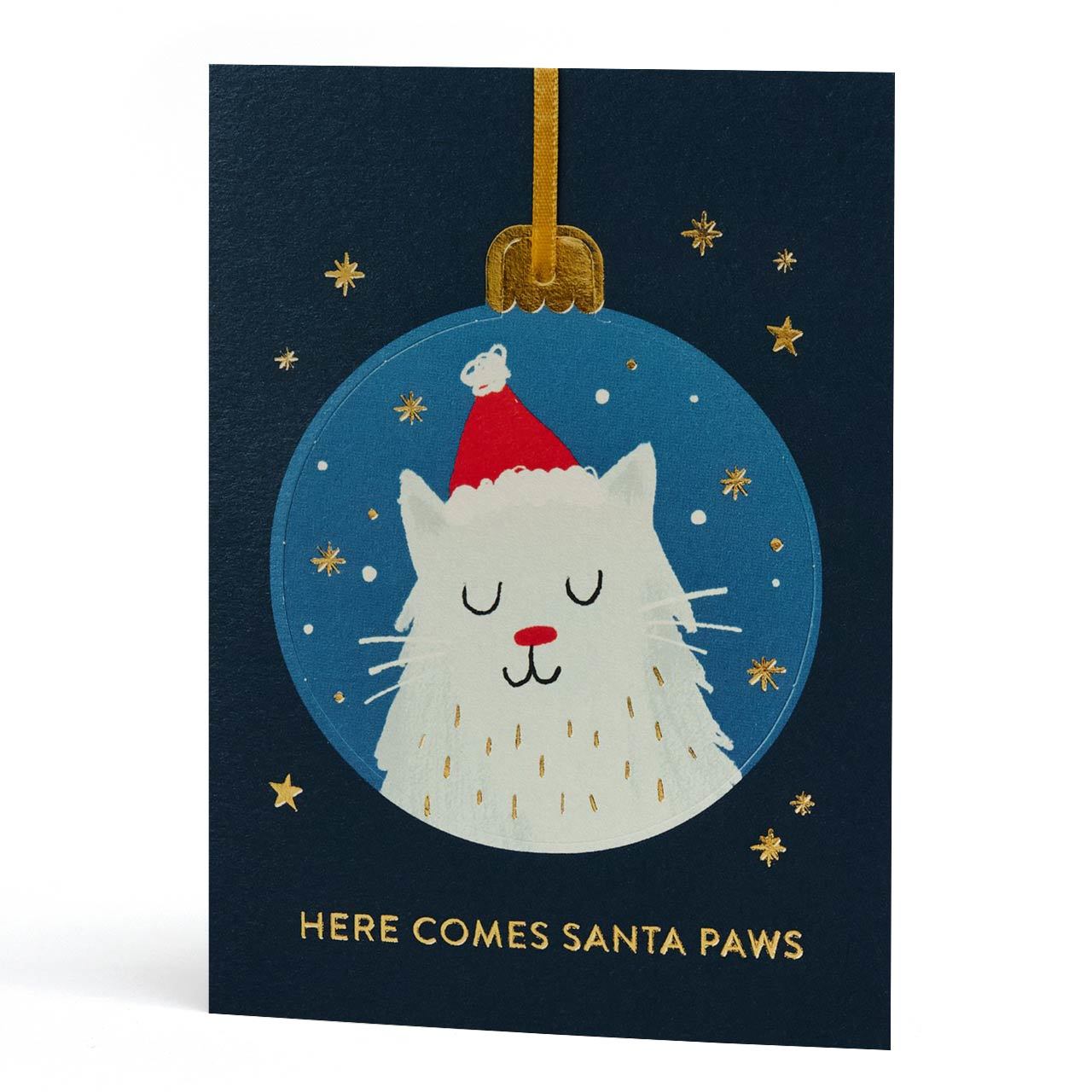 Here Comes Santa Paws Gold Foil Bauble Greeting Card
